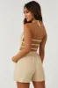 Beige Smocked Halter Neck Open Back Linen Romper sold by Lime Lush
