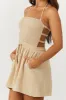 Beige Smocked Halter Neck Open Back Linen Romper sold by Lime Lush