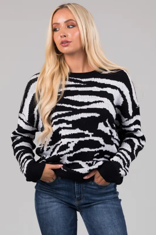 Black and White Long Sleeve Zebra Knit Sweater sold by Lime Lush
