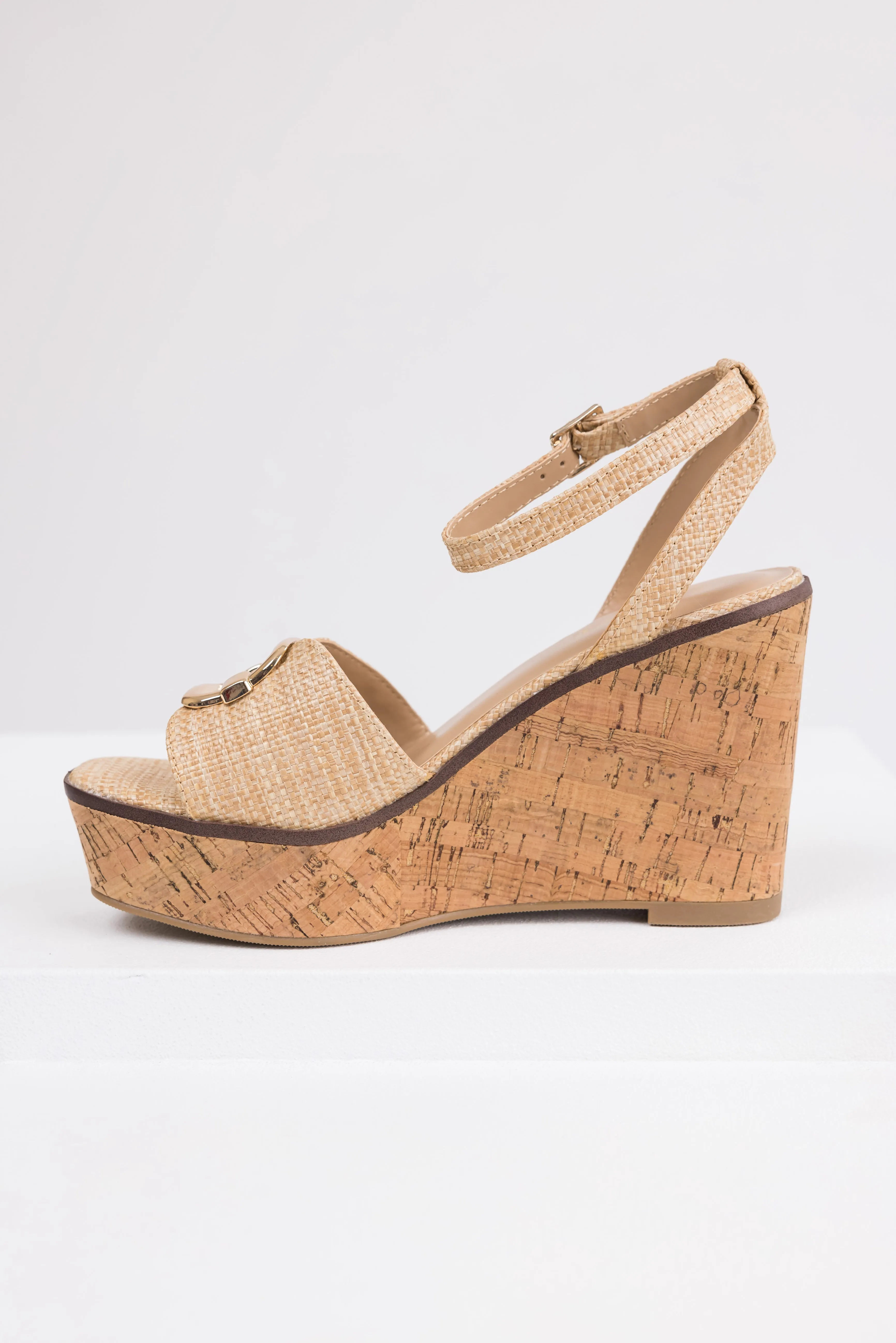 Beige Open Toe Wedges with Gold Buckle Detail sold by Lime Lush product image thumbnail 4
