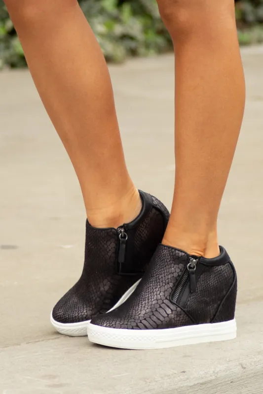 Black Snakeskin Print Textured Wedge Sneaker with Zippers sold by Lime Lush