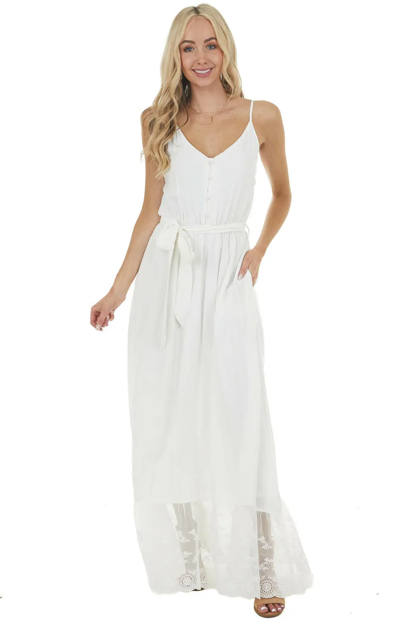 Off White Sleeveless Maxi Dress with Contrast Lace Hem sold by Lime Lush