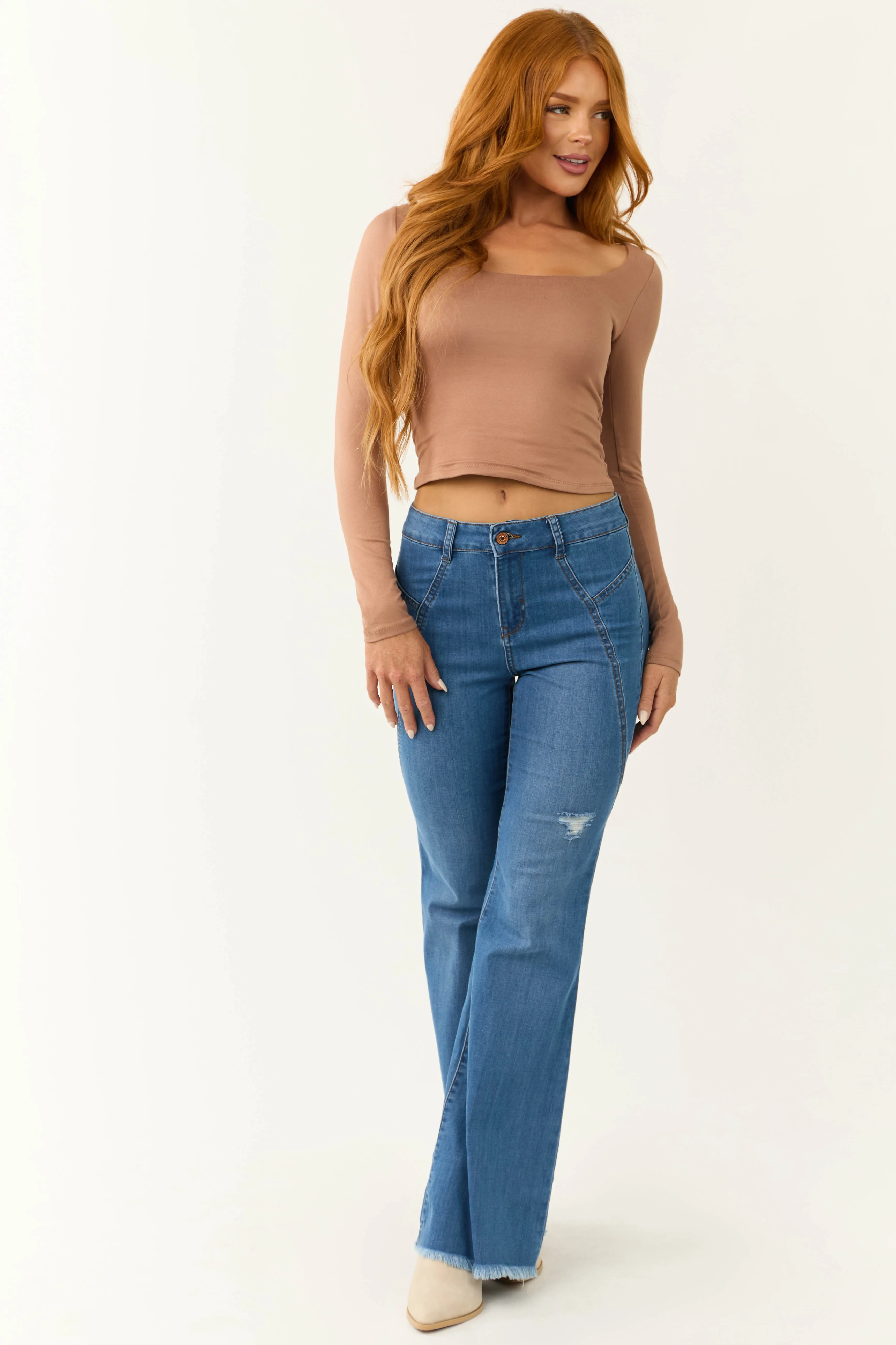 Latte Scoop Neck Long Sleeve Crop Top sold by Lime Lush product image thumbnail 2