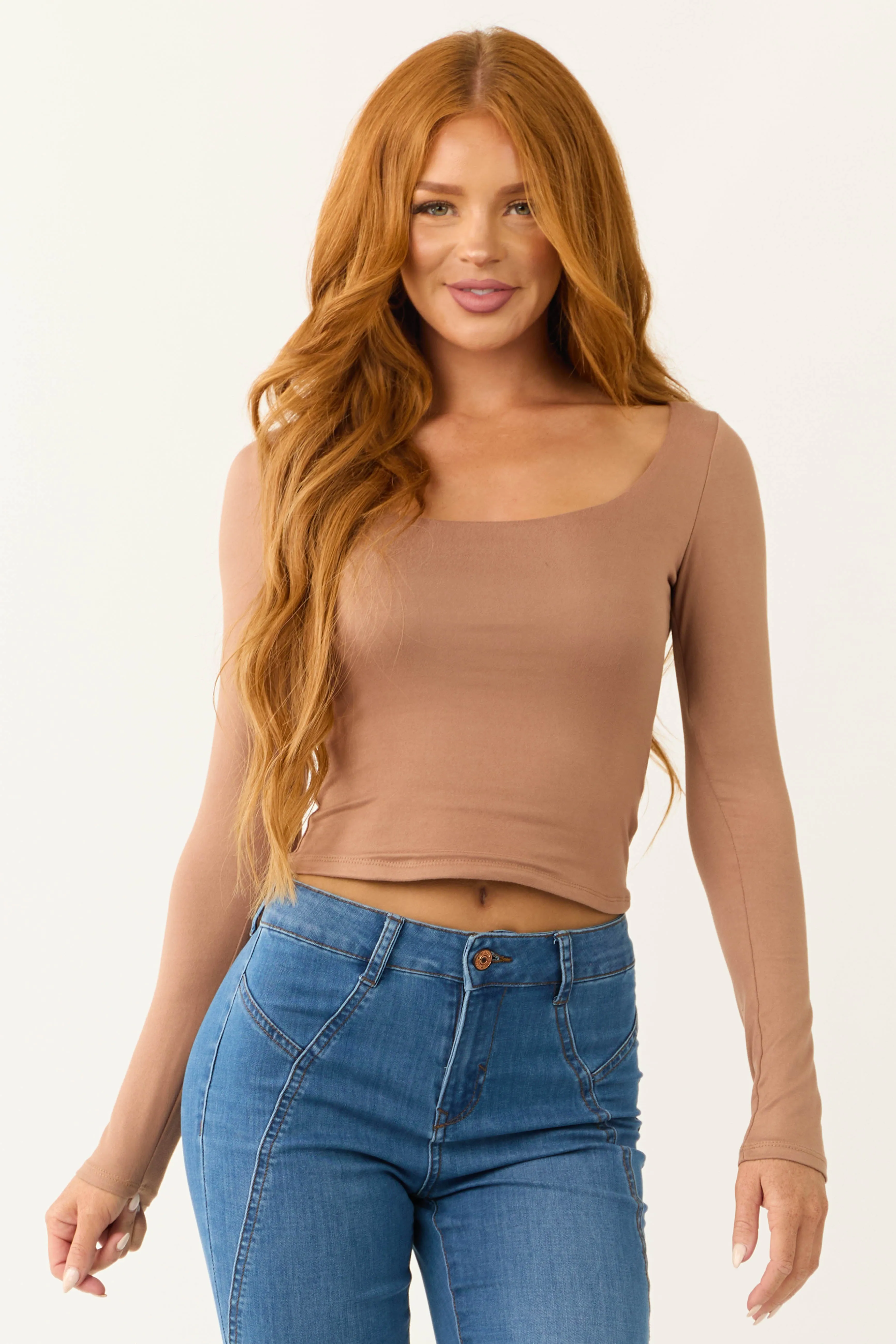 Latte Scoop Neck Long Sleeve Crop Top sold by Lime Lush