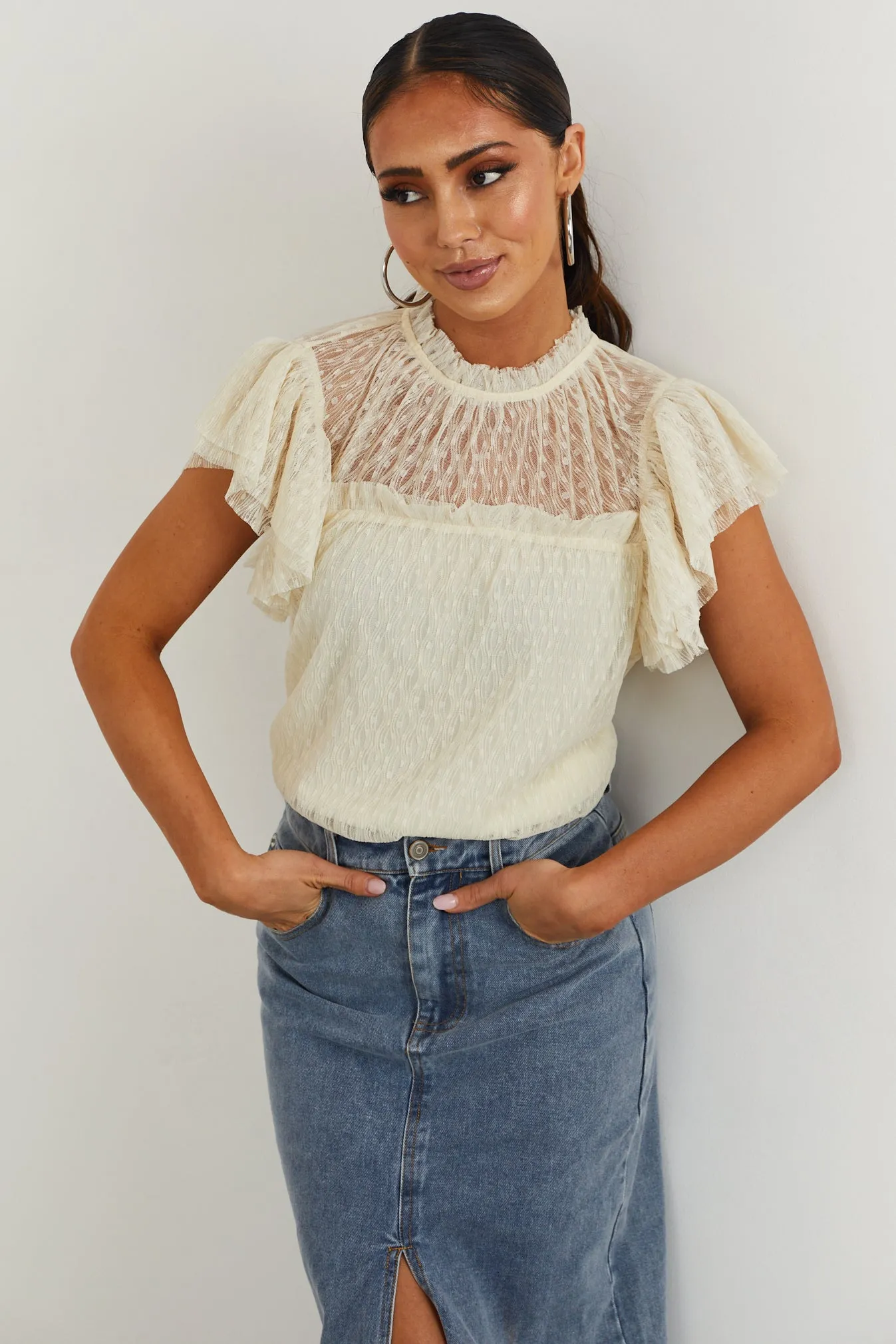 Flying Tomato Buttercream Textured Lace Short Sleeve Blouse sold by Lime Lush product image thumbnail 2