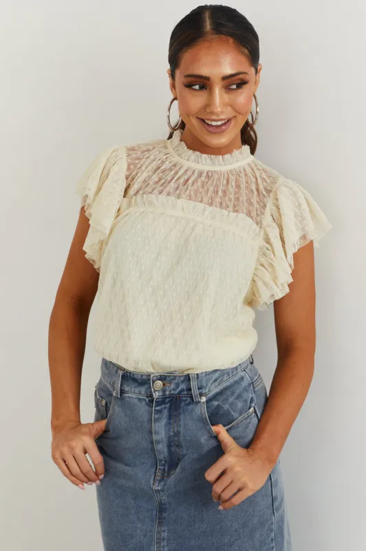 Flying Tomato Buttercream Textured Lace Short Sleeve Blouse sold by Lime Lush