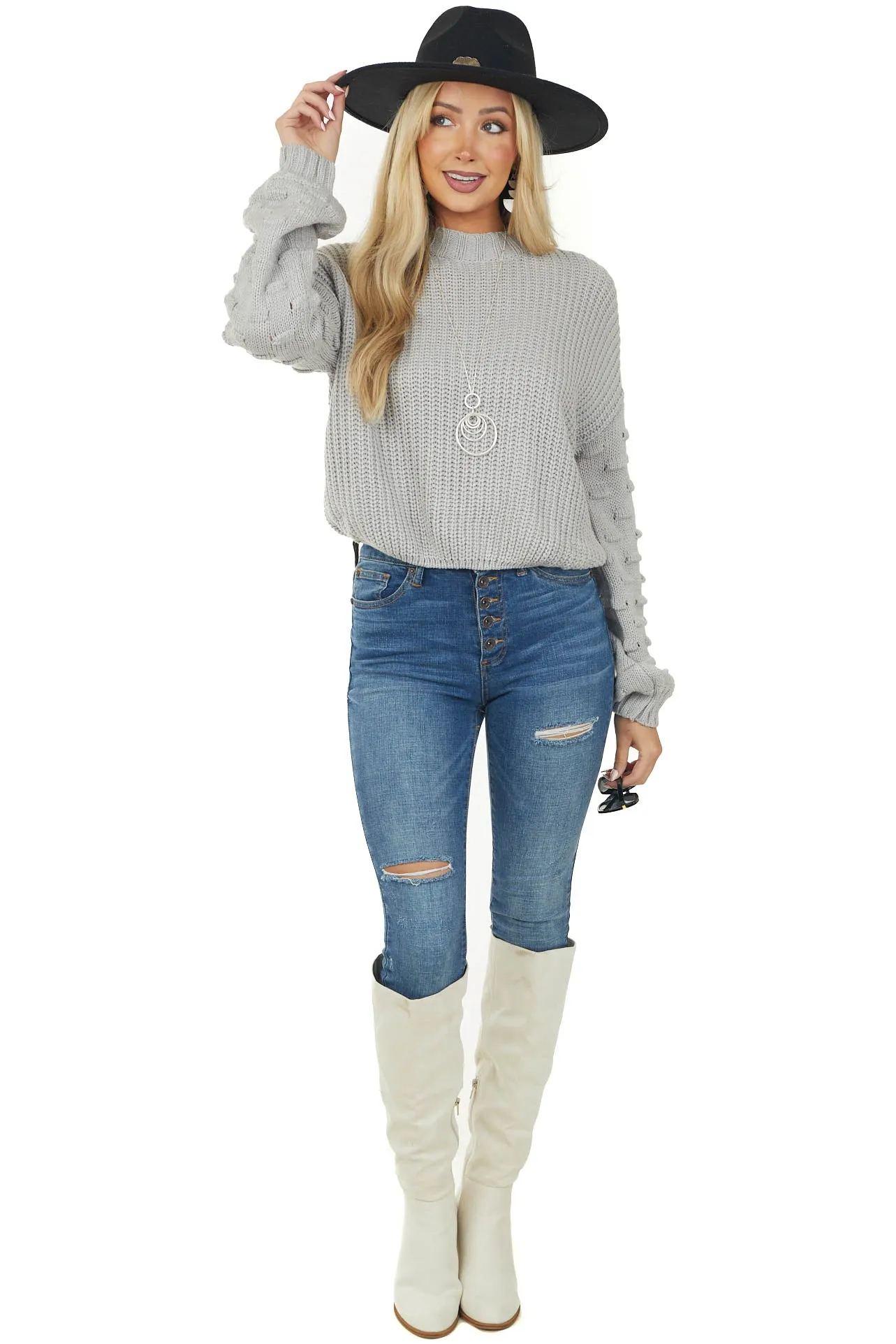 Heather Grey Textured Bubble Sleeve Knit Sweater sold by Lime Lush product image thumbnail 2