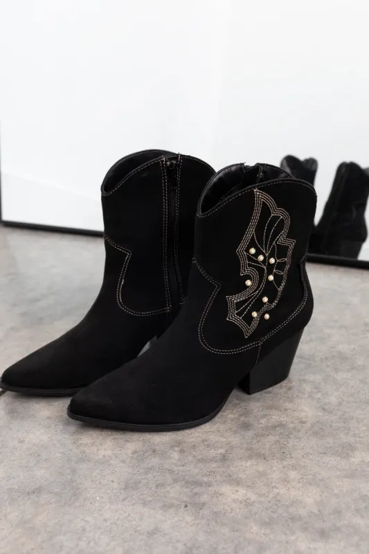 Black Suede Studded Western Style Booties sold by Lime Lush