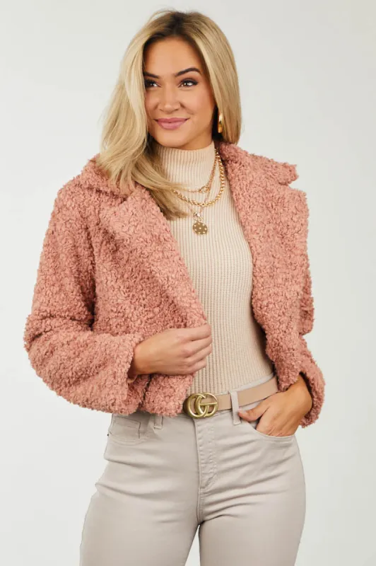 Rose Large Lapel Cropped Sherpa Jacket sold by Lime Lush