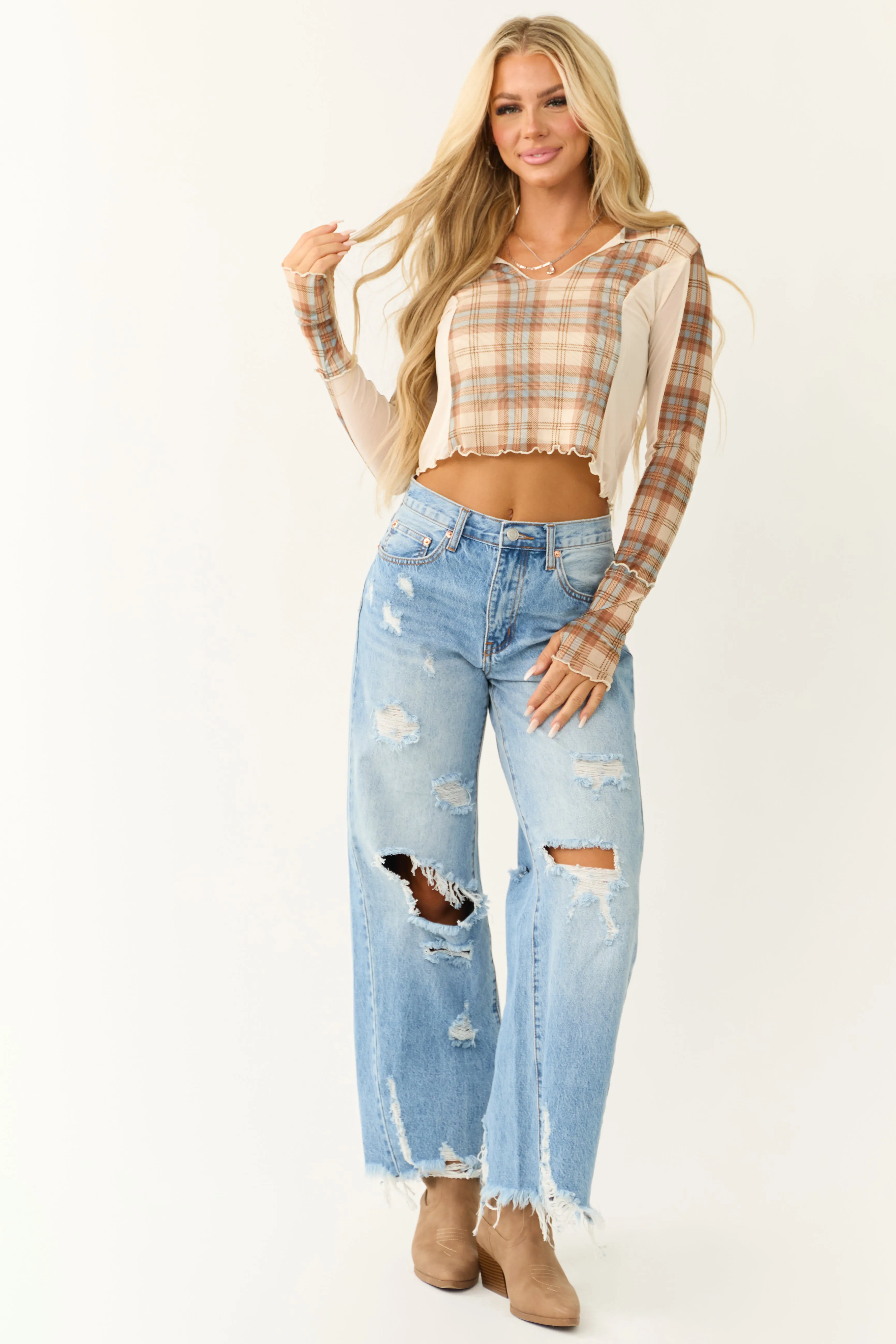 Champagne Plaid with Contrast Long Sleeve Top sold by Lime Lush product image thumbnail 3