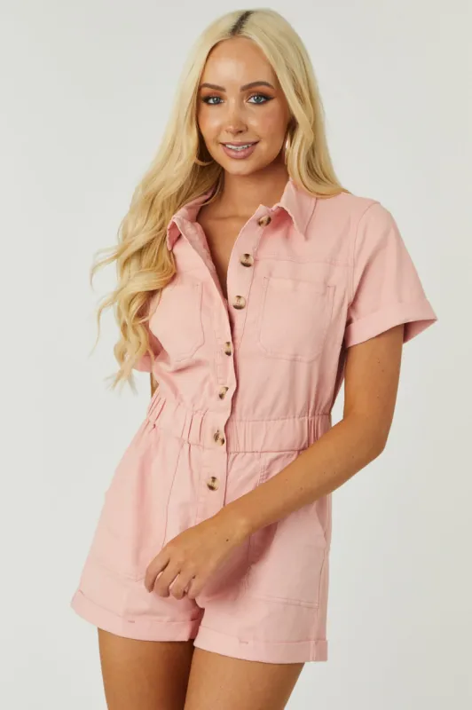 Peach Collared Button Down Denim Romper sold by Lime Lush