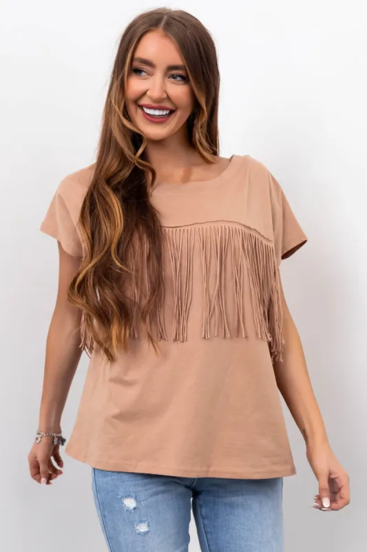 Camel Fringe Short Sleeve Knit Tee sold by Lime Lush