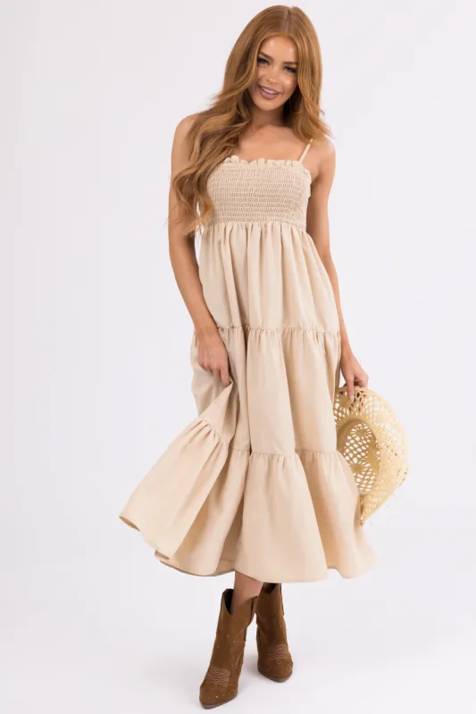 Beige Smocked Tiered Sleeveless Midi Dress sold by Lime Lush