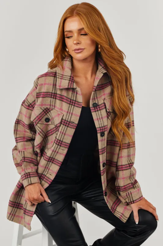 Camel and Magenta Plaid Oversized Soft Shacket sold by Lime Lush
