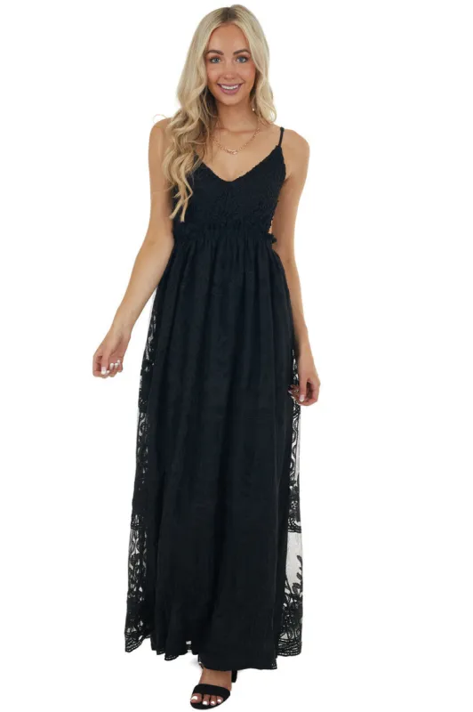 Black Lace Sleeveless Open Back Maxi Dress sold by Lime Lush