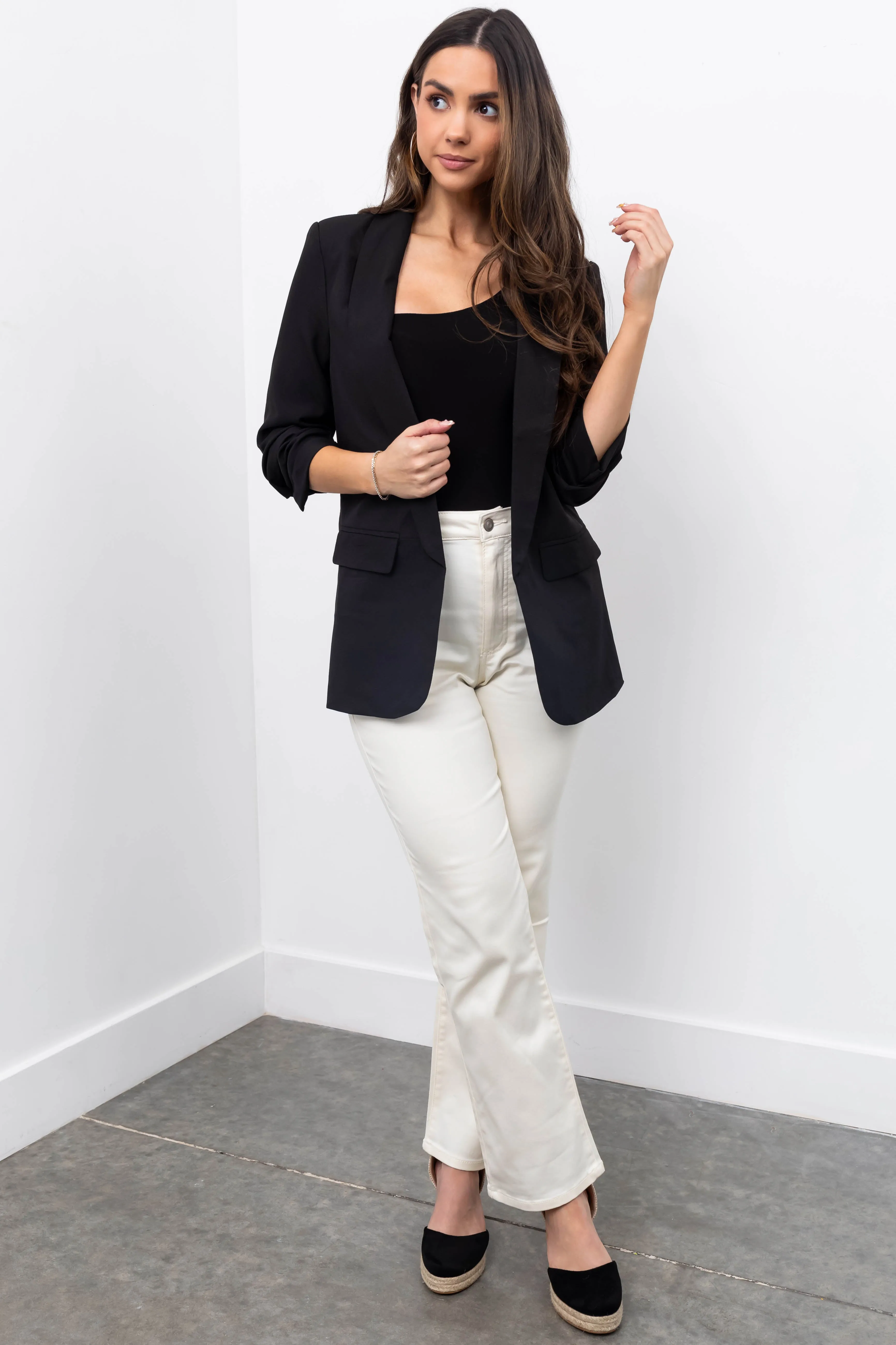 Black Ruched 3/4 Sleeve Open Front Blazer sold by Lime Lush product image thumbnail 4