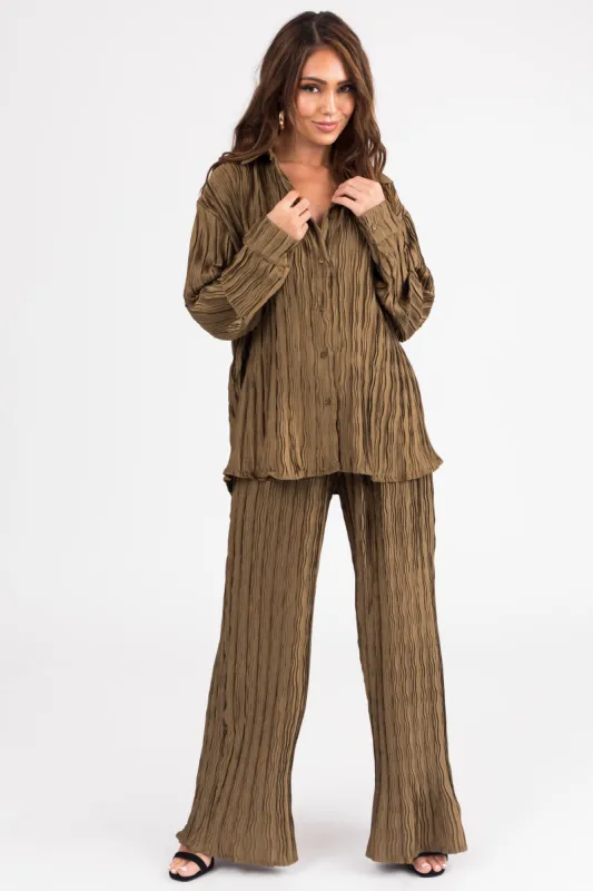 Olive Plisse Flowy Flare Pants sold by Lime Lush