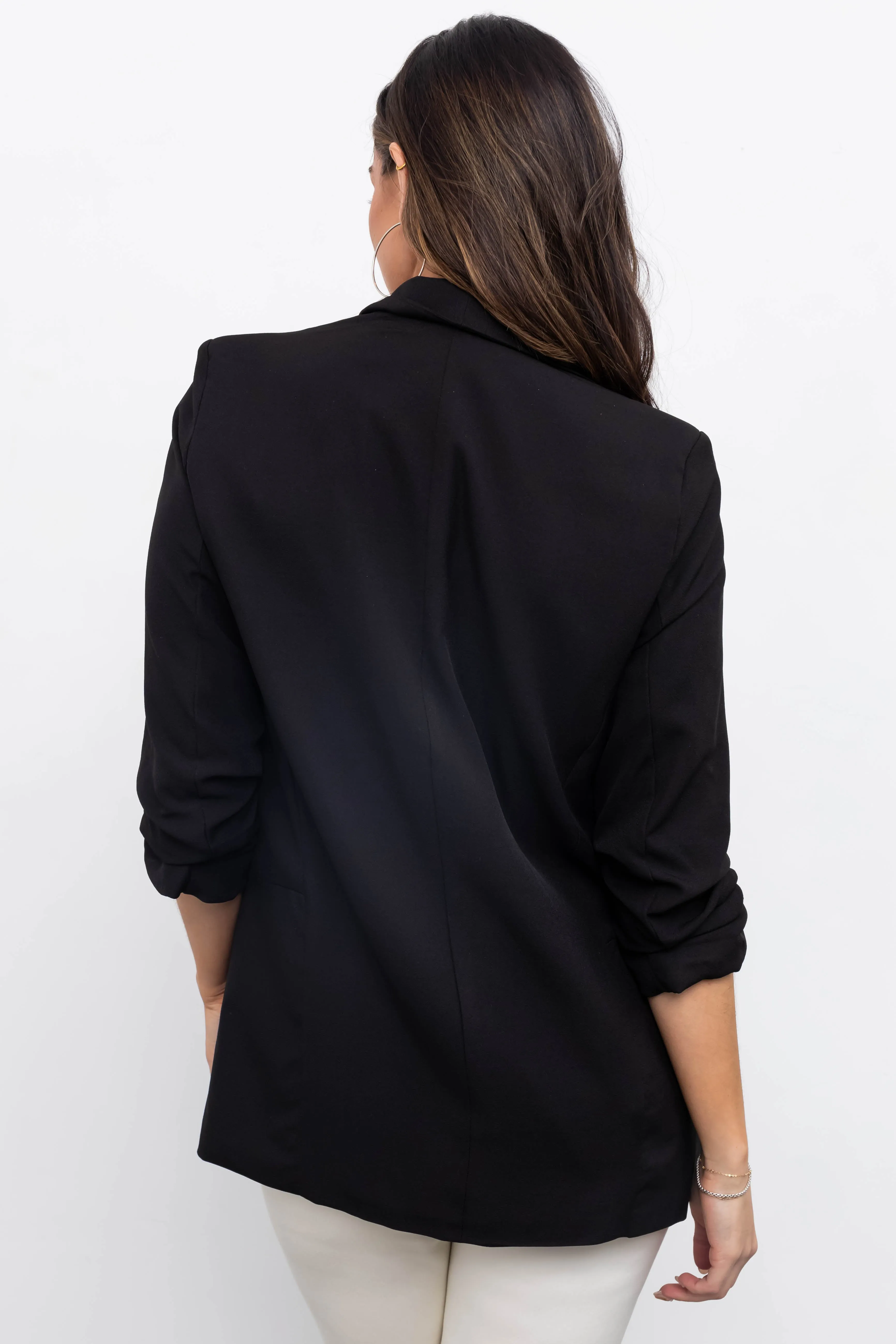 Black Ruched 3/4 Sleeve Open Front Blazer sold by Lime Lush product image thumbnail 5