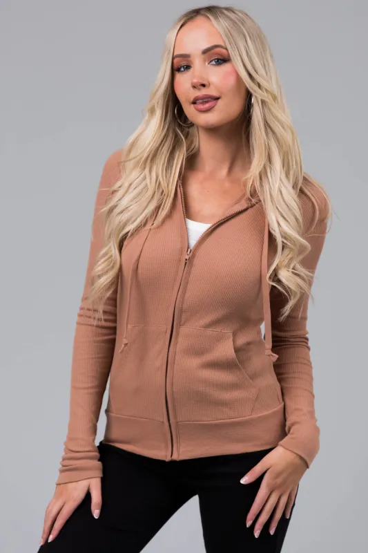 Camel Thermal Knit Zip Up Slim Fit Hoodie sold by Lime Lush