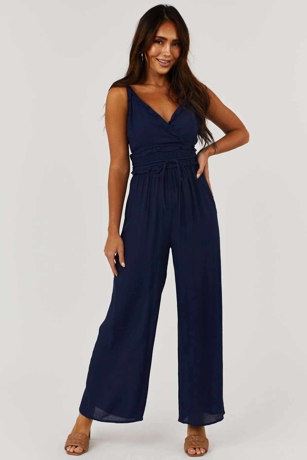 Navy Sleeveless V Neck Smocked Waist Jumpsuit sold by Lime Lush product image thumbnail 2
