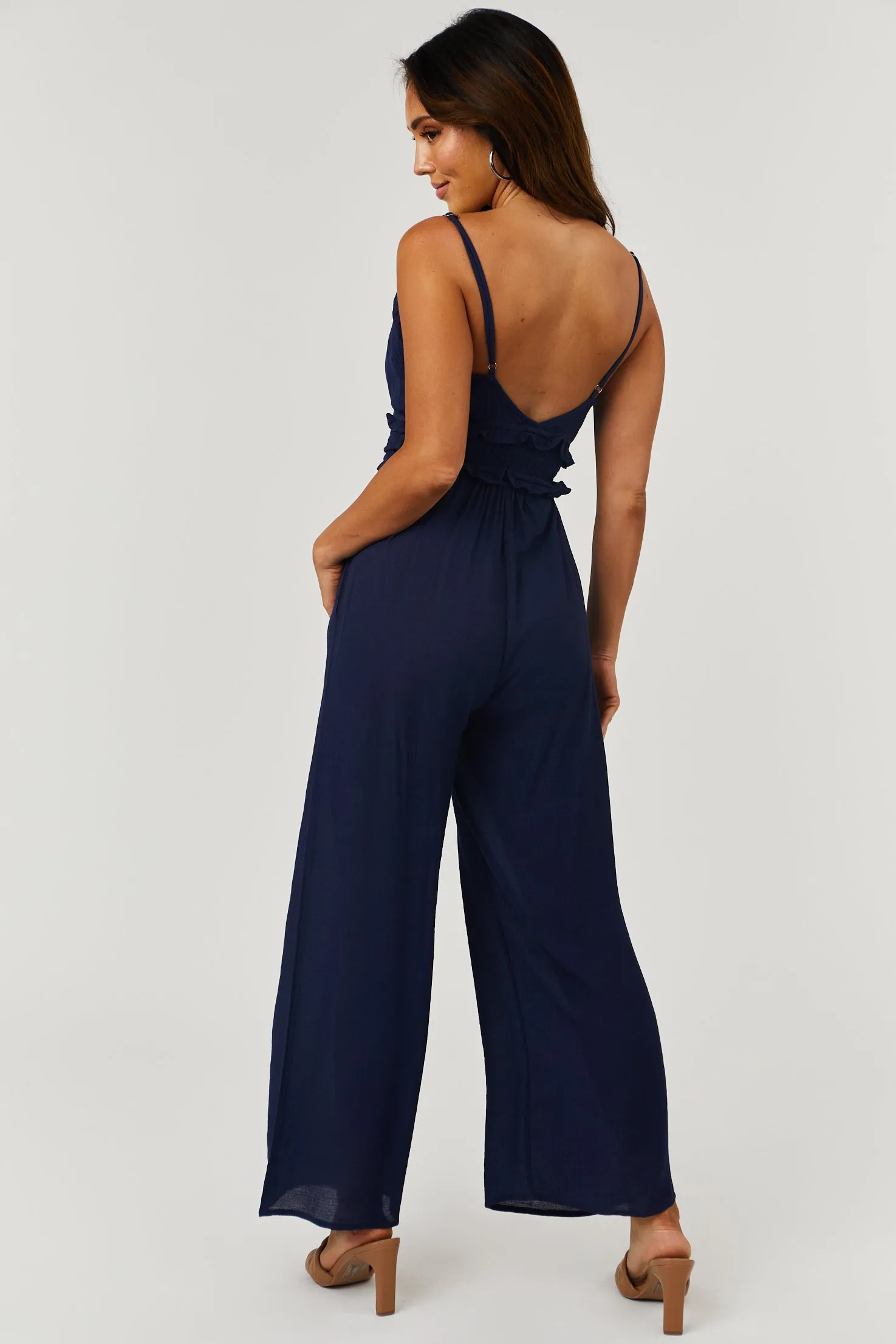 Navy Sleeveless V Neck Smocked Waist Jumpsuit sold by Lime Lush product image thumbnail 4