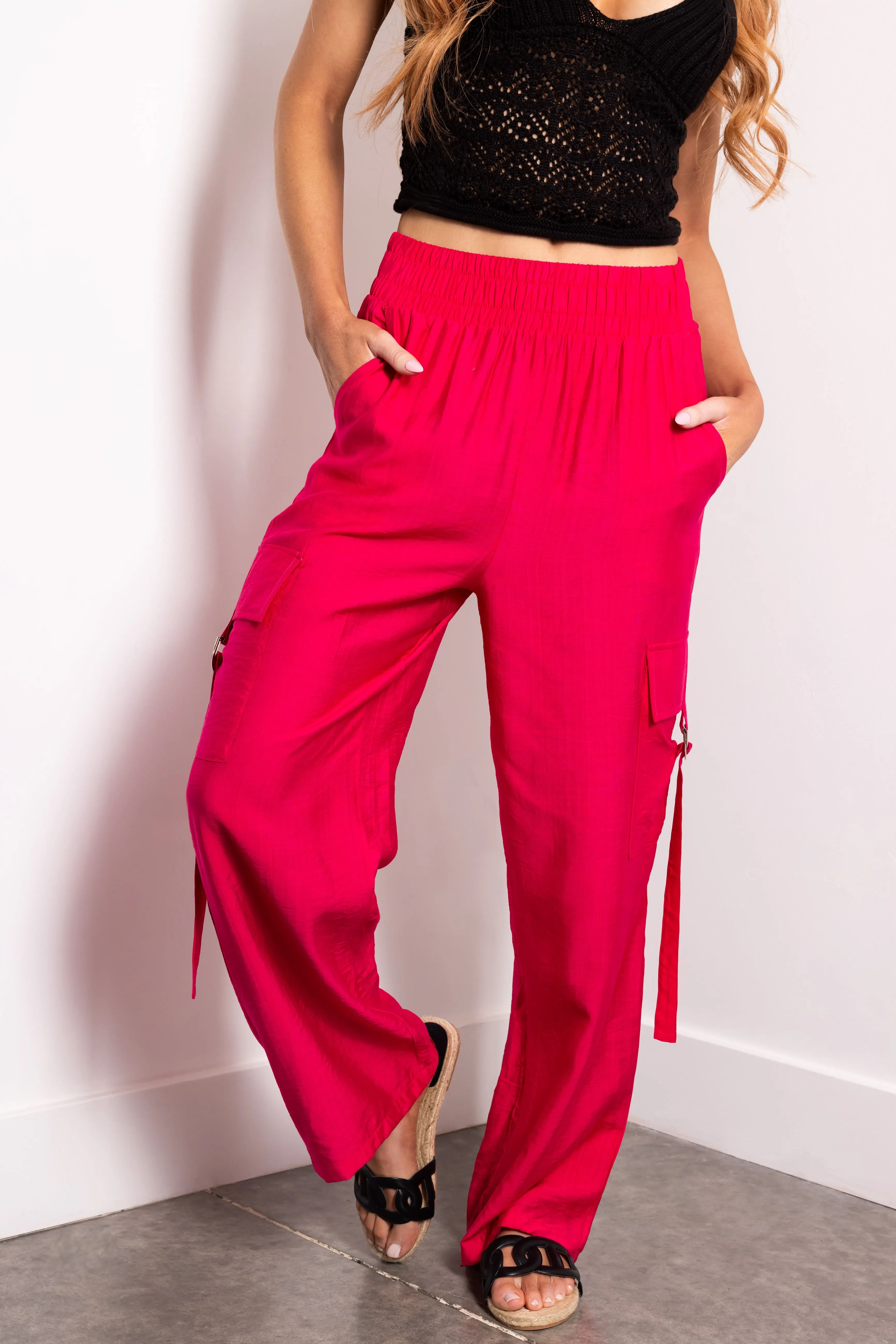 Hot Pink Faux Linen Wide Leg Cargo Pants sold by Lime Lush product image thumbnail 2