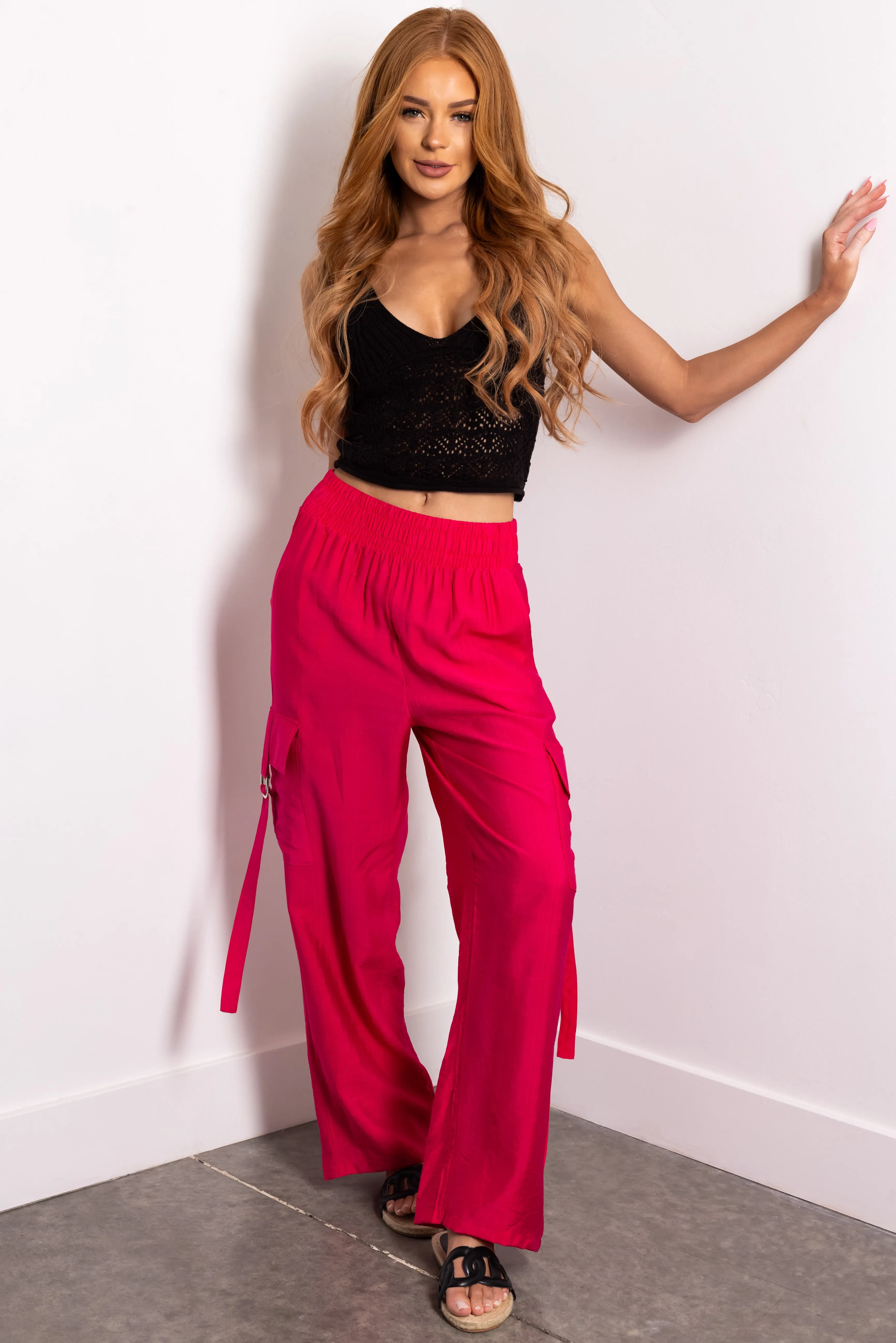 Hot Pink Faux Linen Wide Leg Cargo Pants sold by Lime Lush