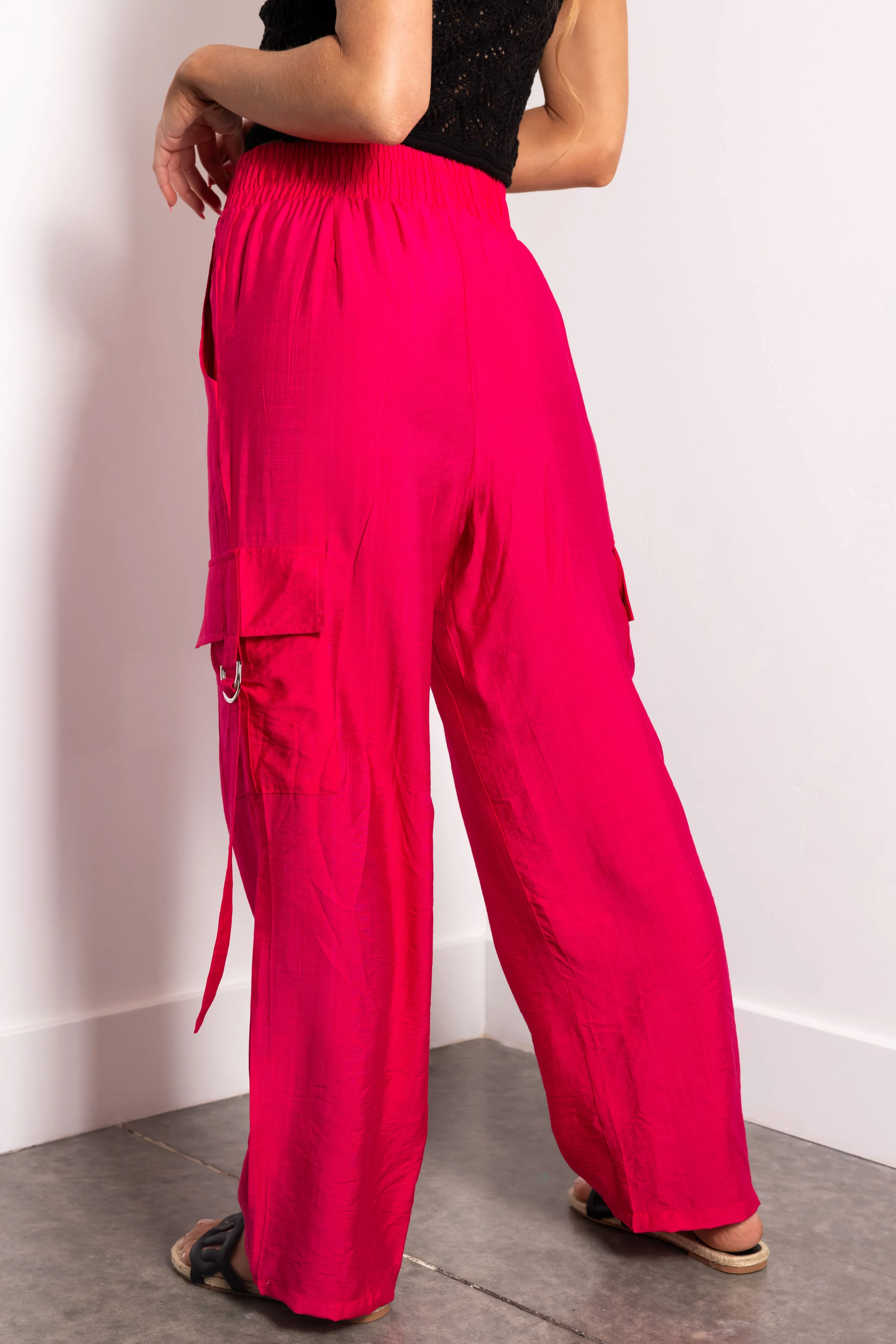 Hot Pink Faux Linen Wide Leg Cargo Pants sold by Lime Lush product image thumbnail 4