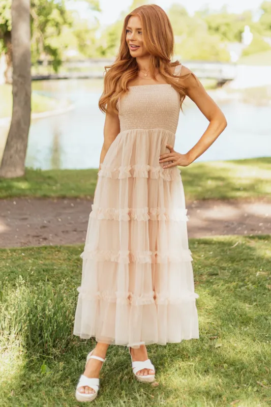Nude Sleeveless Ruffle Tiered Maxi Dress sold by Lime Lush