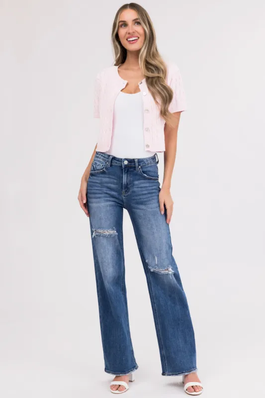 Risen Dark Wash Straight Leg Distressed Jeans sold by Lime Lush