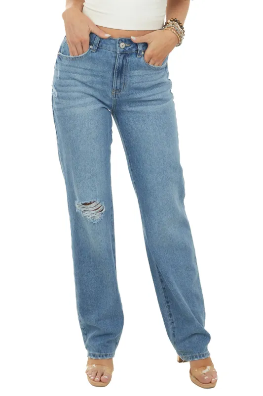 Rewash Medium Wash Baggy Boyfriend Light Distressed Jeans sold by Lime Lush