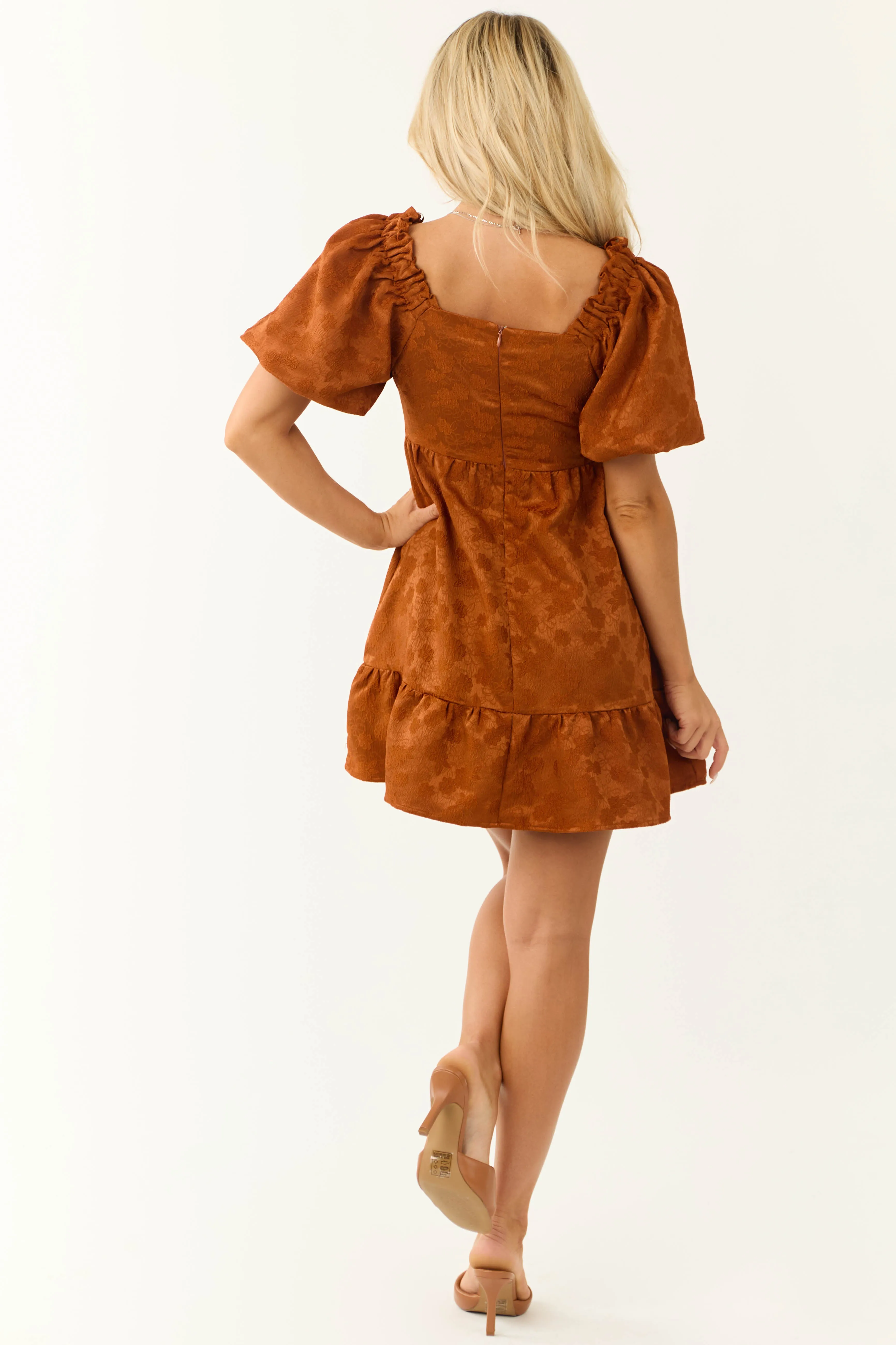 Caramel Floral Jacquard Puff Sleeve Mini Dress sold by Lime Lush product image thumbnail 5