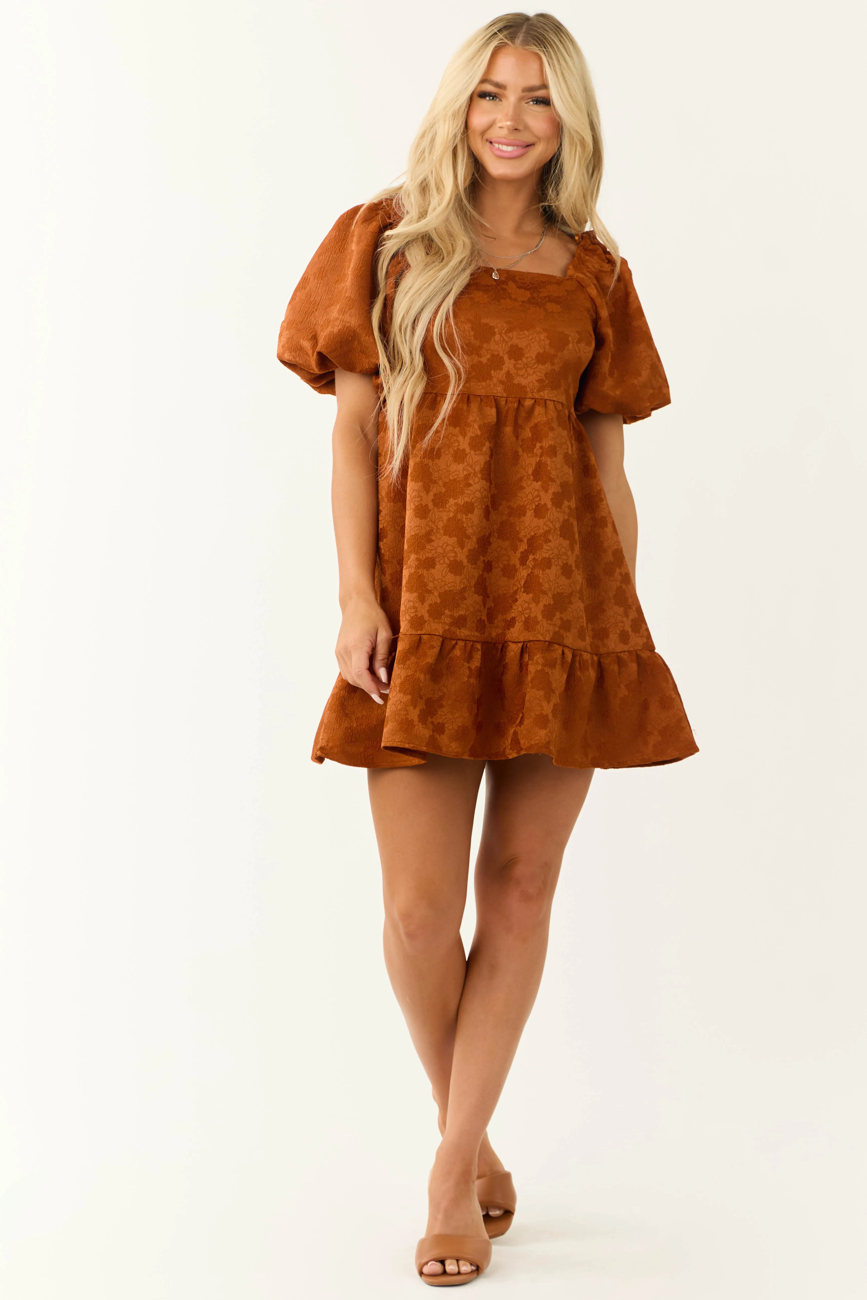 Caramel Floral Jacquard Puff Sleeve Mini Dress sold by Lime Lush product image thumbnail 3