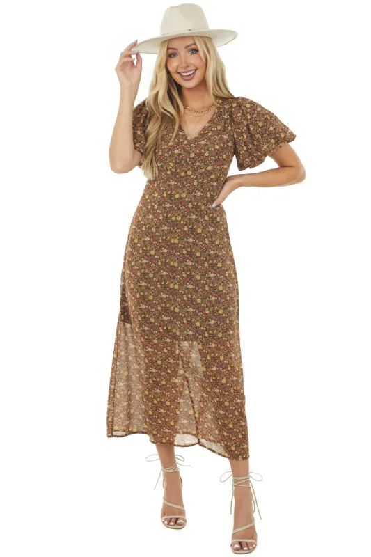 Chocolate Ditsy Floral Short Sleeve Maxi Dress sold by Lime Lush