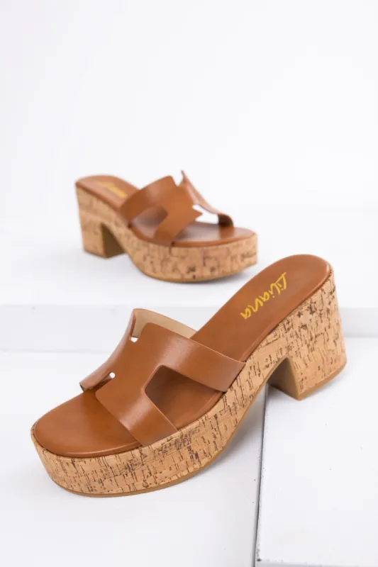 Cognac Geometric Strap Cork Platform Heels sold by Lime Lush