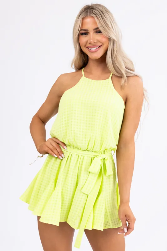 She+Sky Neon Kiwi Checkered Halter Neck Romper sold by Lime Lush