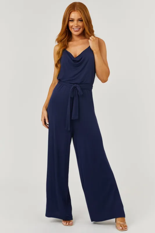 Navy Cowl Neck Sleeveless Wide Leg Jumpsuit sold by Lime Lush