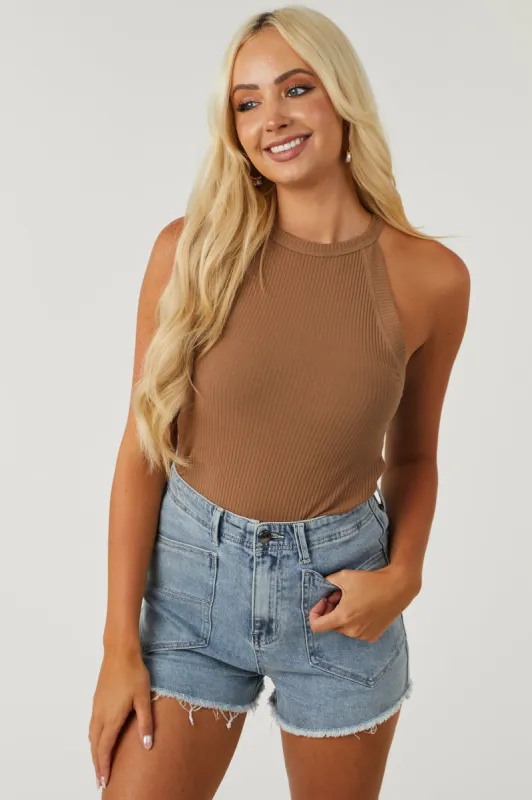 Coffee Halter Neck Ribbed Tank Top sold by Lime Lush