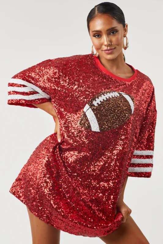 Ruby Red Football Sequin Loose Fit Shirt Dress sold by Lime Lush