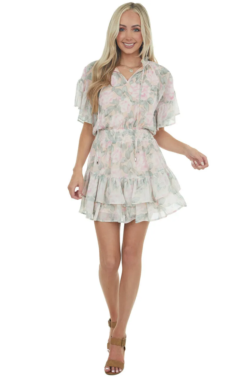 Peach Floral Print Ruffle Woven Mini Dress sold by Lime Lush product image thumbnail 5