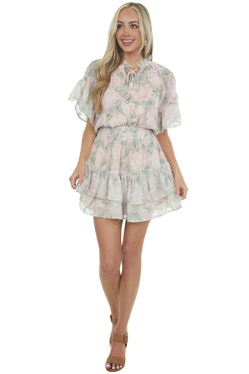 Peach Floral Print Ruffle Woven Mini Dress sold by Lime Lush product image thumbnail 2