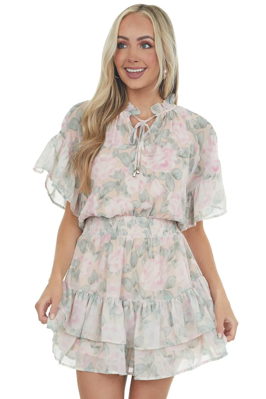 Peach Floral Print Ruffle Woven Mini Dress sold by Lime Lush