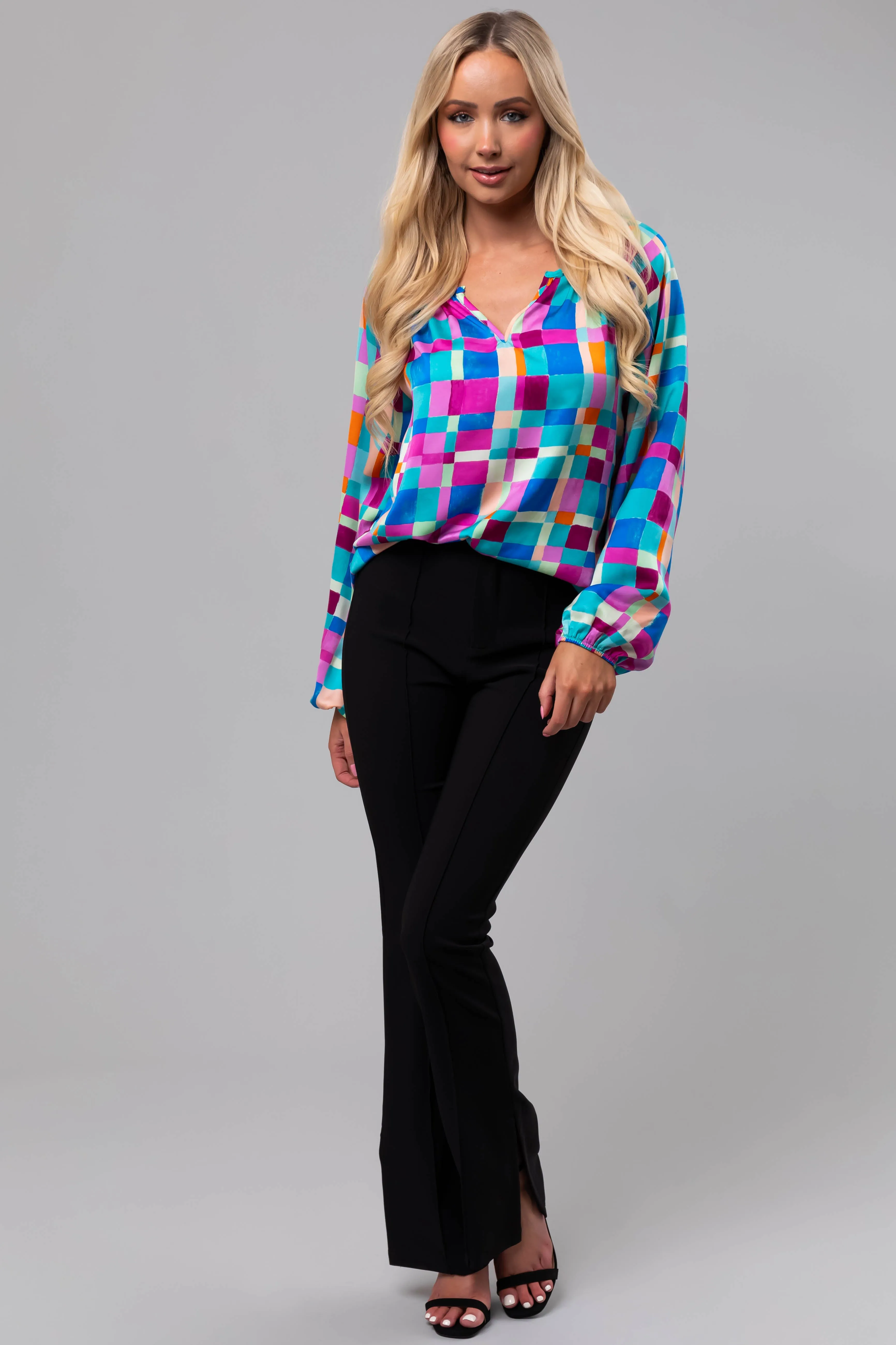 Turquoise Geo Print Long Sleeve V Neck Top sold by Lime Lush product image thumbnail 3
