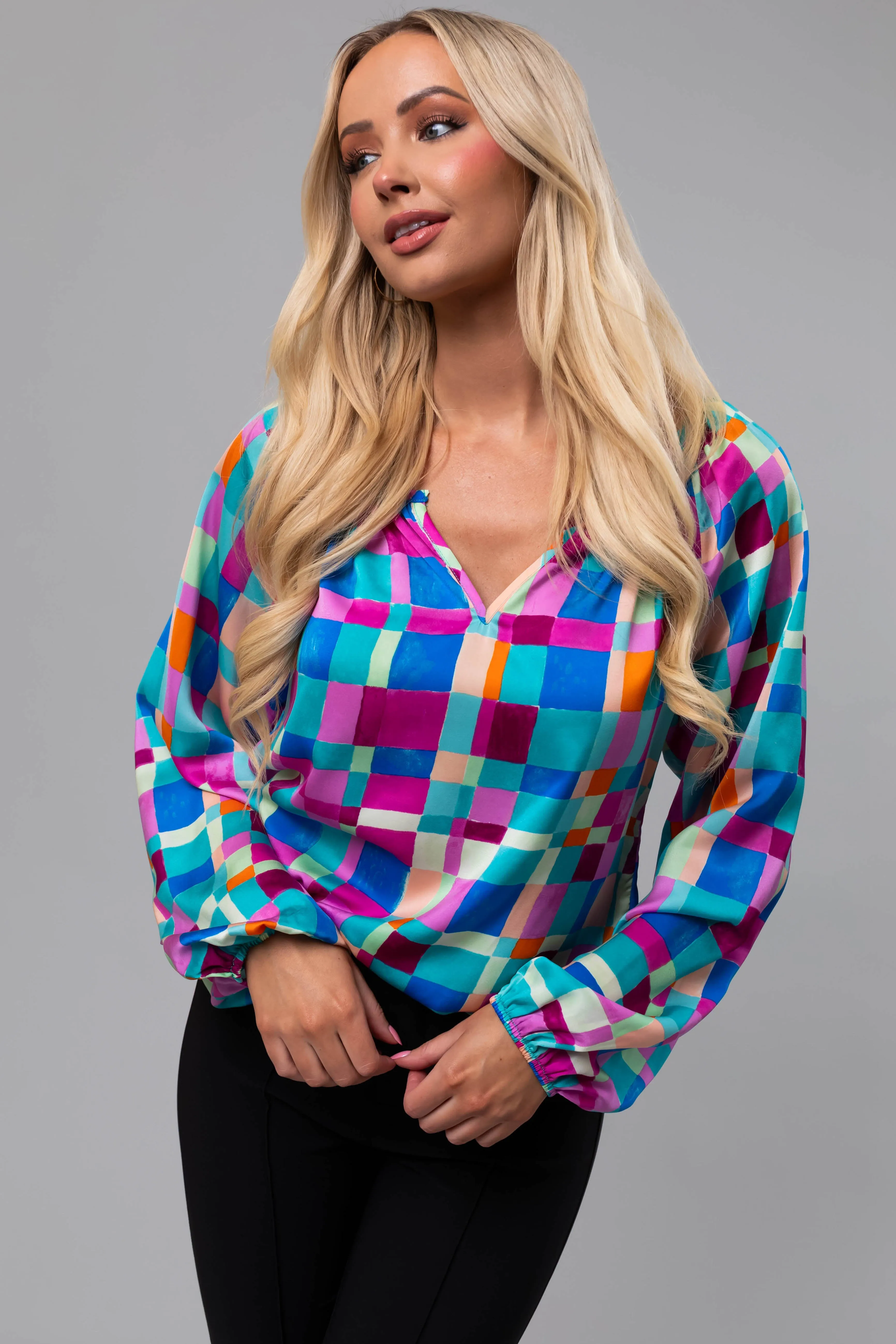 Turquoise Geo Print Long Sleeve V Neck Top sold by Lime Lush product image thumbnail 2