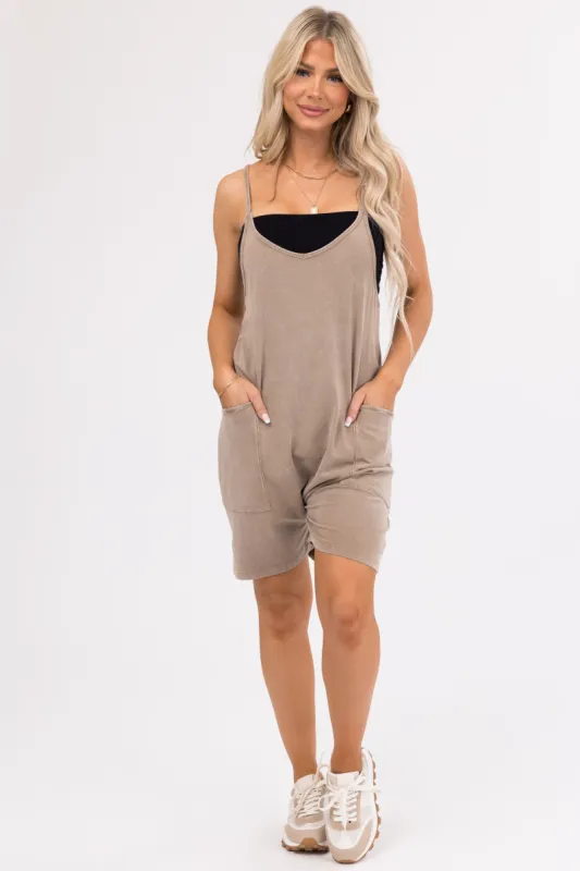 Camel Mineral Wash Sleeveless Loose Fit Romper sold by Lime Lush
