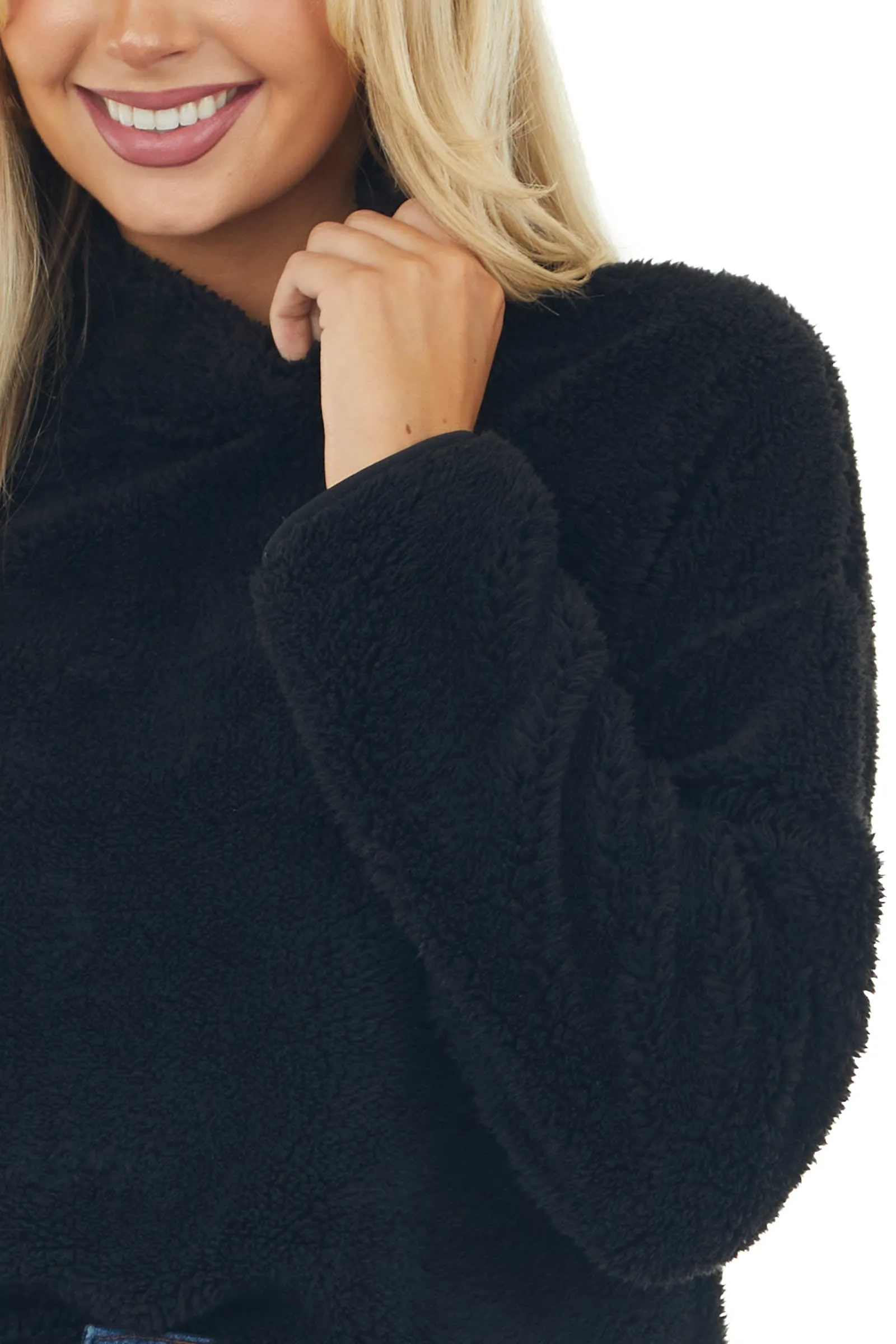 Black Soft Faux Fur Mock Neck Crop Top sold by Lime Lush product image thumbnail 4