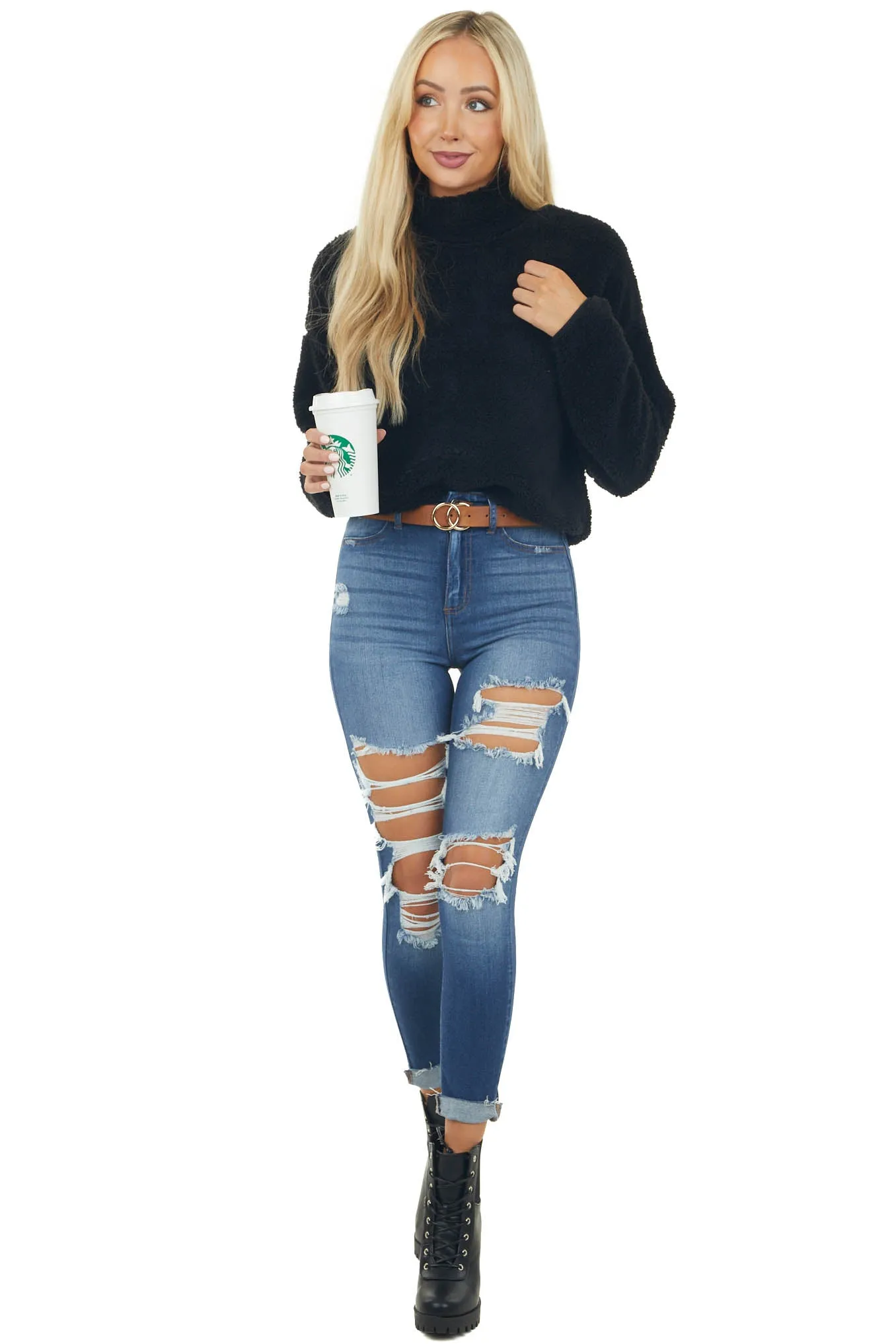 Black Soft Faux Fur Mock Neck Crop Top sold by Lime Lush product image thumbnail 2