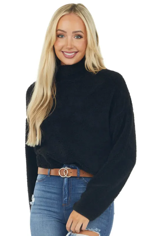 Black Soft Faux Fur Mock Neck Crop Top sold by Lime Lush