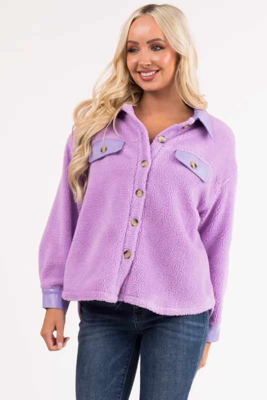 Orchid Sherpa Shacket with Faux Leather Detail sold by Lime Lush