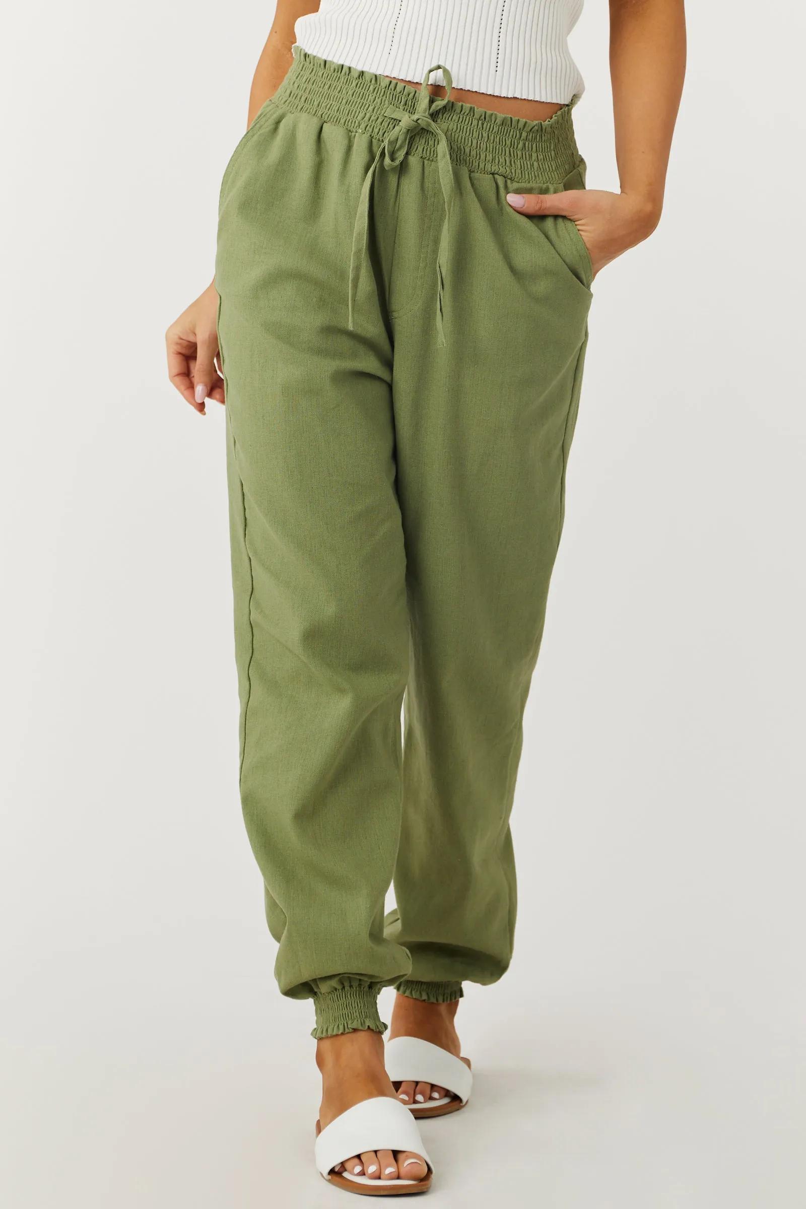 Pistachio Lightweight Smocked Waist Linen Joggers sold by Lime Lush product image thumbnail 2
